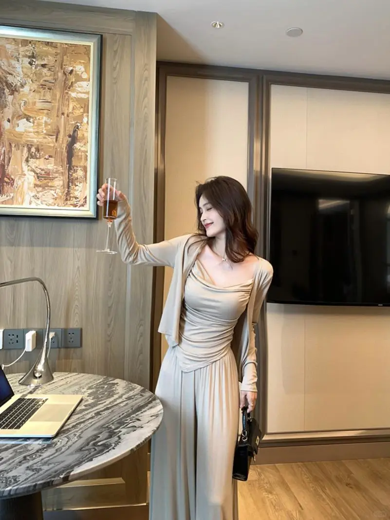 林妍儿休闲套装女新款针织吊带开衫阔腿裤松