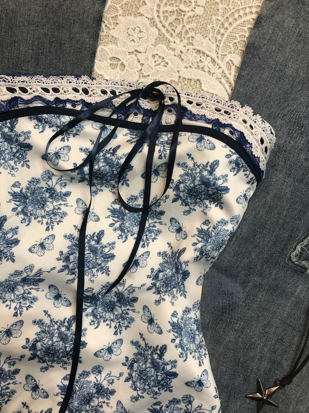 蓝色蕾丝花边抹胸上衣🖤vintage古着~