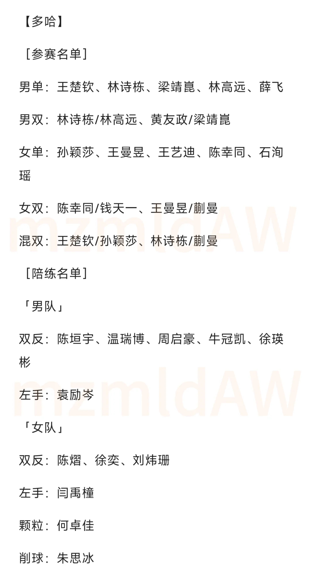 近四届世乒赛，参赛and陪练名单