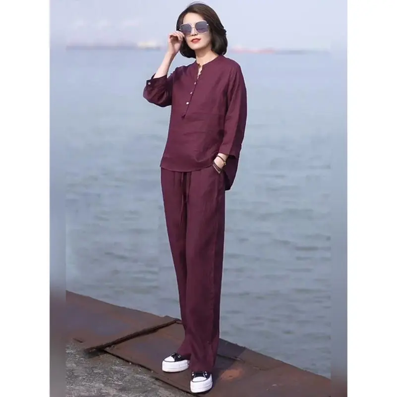 复古文艺亚麻套装女2025夏季新款高端时