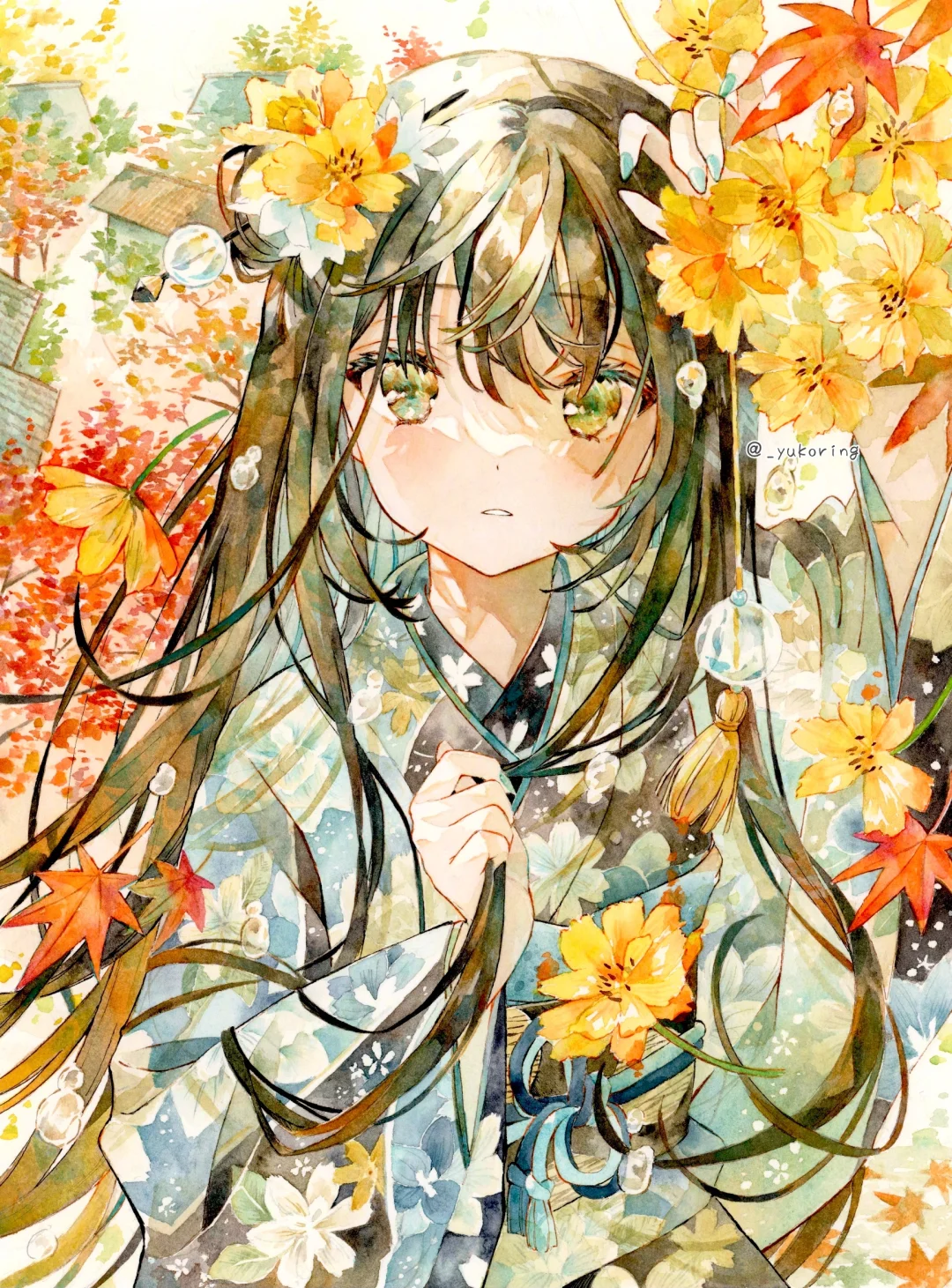 鲜花与少女水彩动漫插画分享