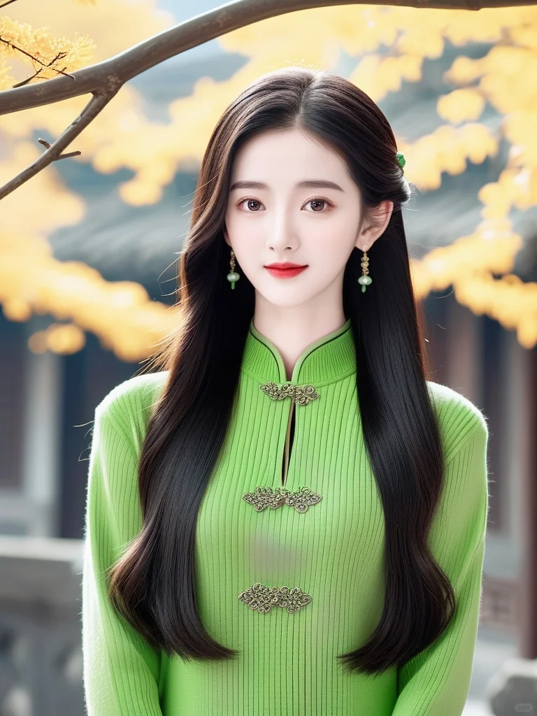 绿裳女子的优雅风姿