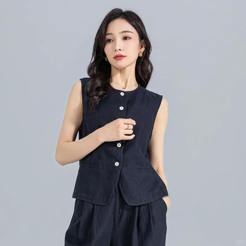 高级感无袖天然亚麻套装女夏季通勤时尚减龄