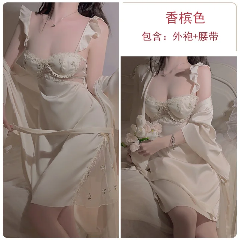 瑰若性感低胸加胸垫透视蕾丝飞袖缎面吊带睡