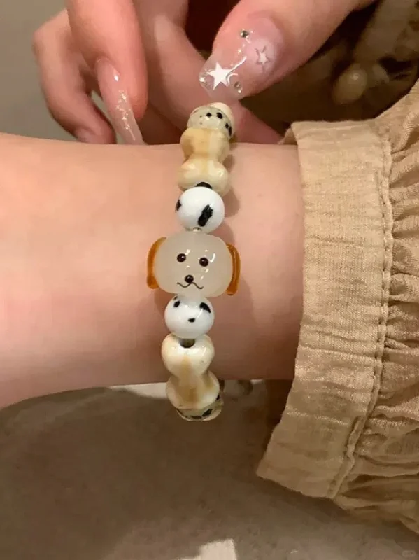 🐶可爱小狗天然石编织手链女！