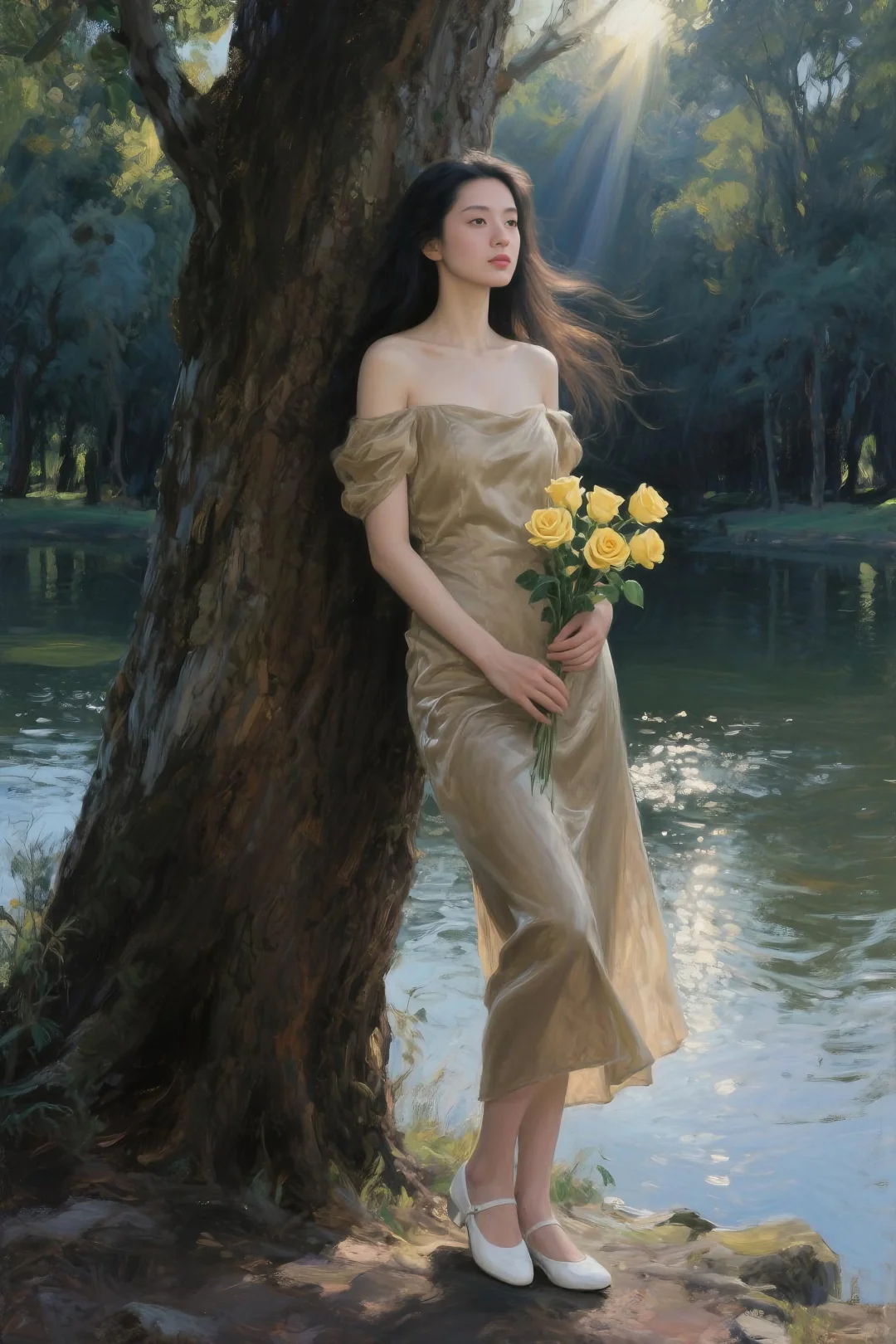 数字油画习作《湖边的少妇》（AIGC），印象派