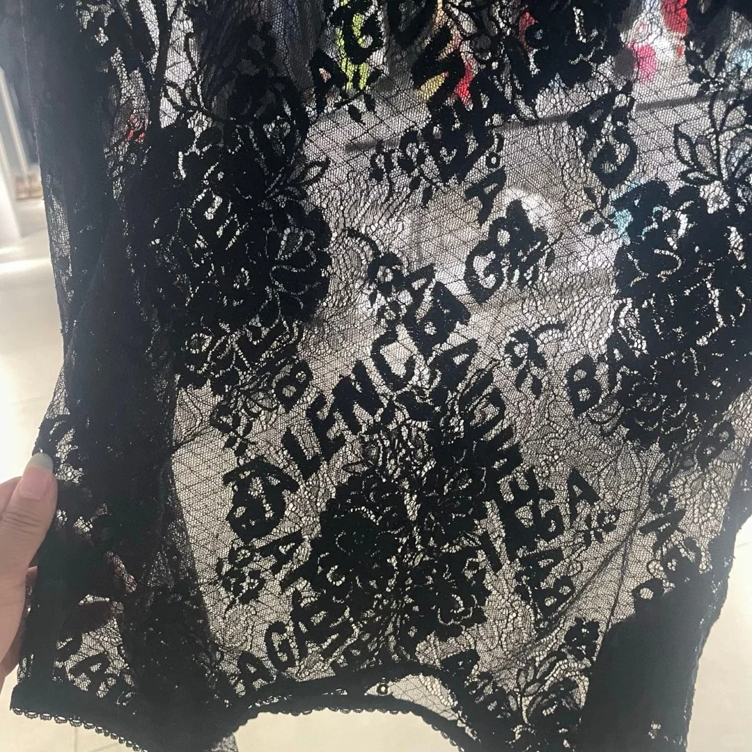 balenciaga巴黎世家透视刺绣logo蕾丝上衣