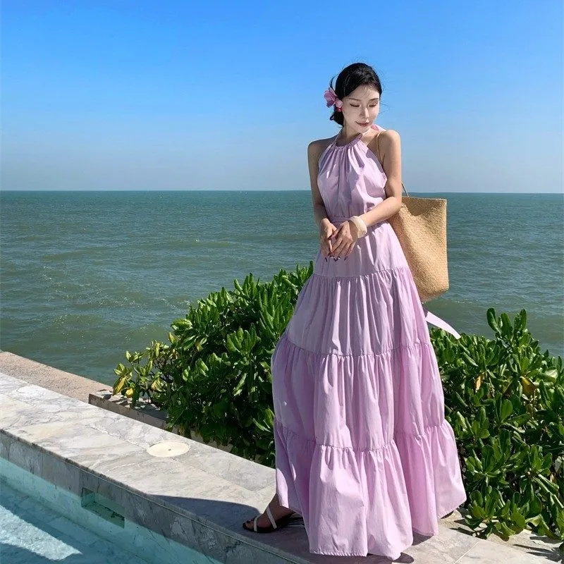 挂脖露背紫色连衣裙女海边度假穿搭沙滩裙