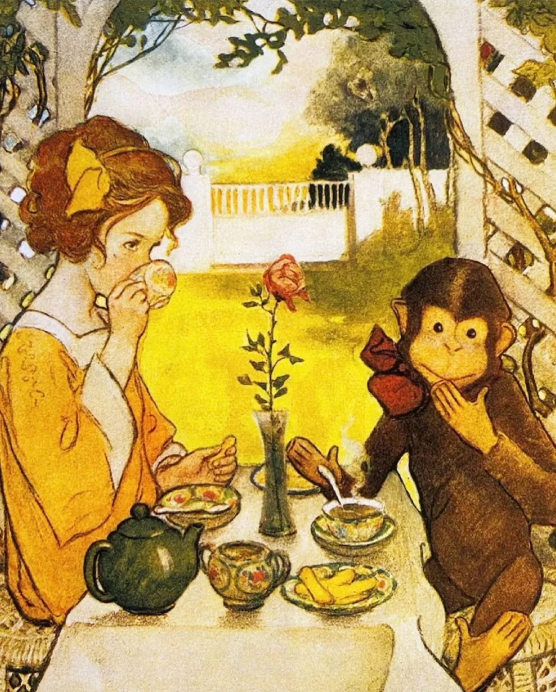 水彩画中的小女孩 复古小女孩 vintage插画