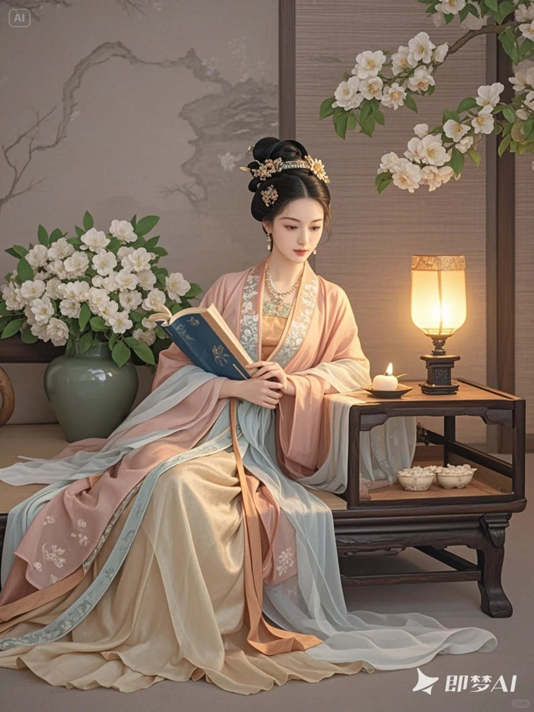 场景插画，灯下看美人，犹胜三分色。
