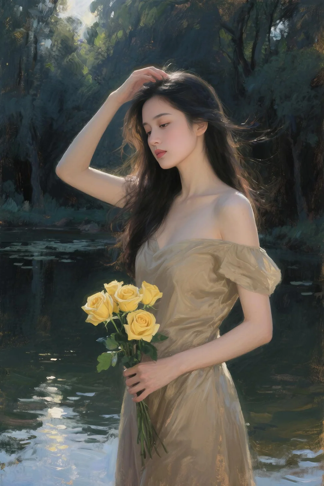 数字油画习作《湖边的少妇·2》（AIGC）