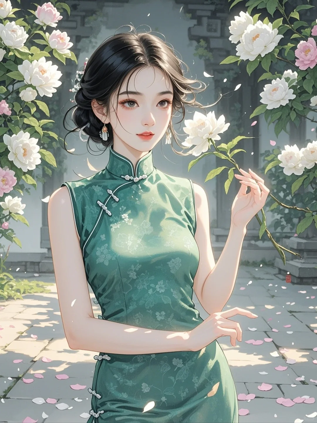 古风古风佳人，旗袍映花颜
