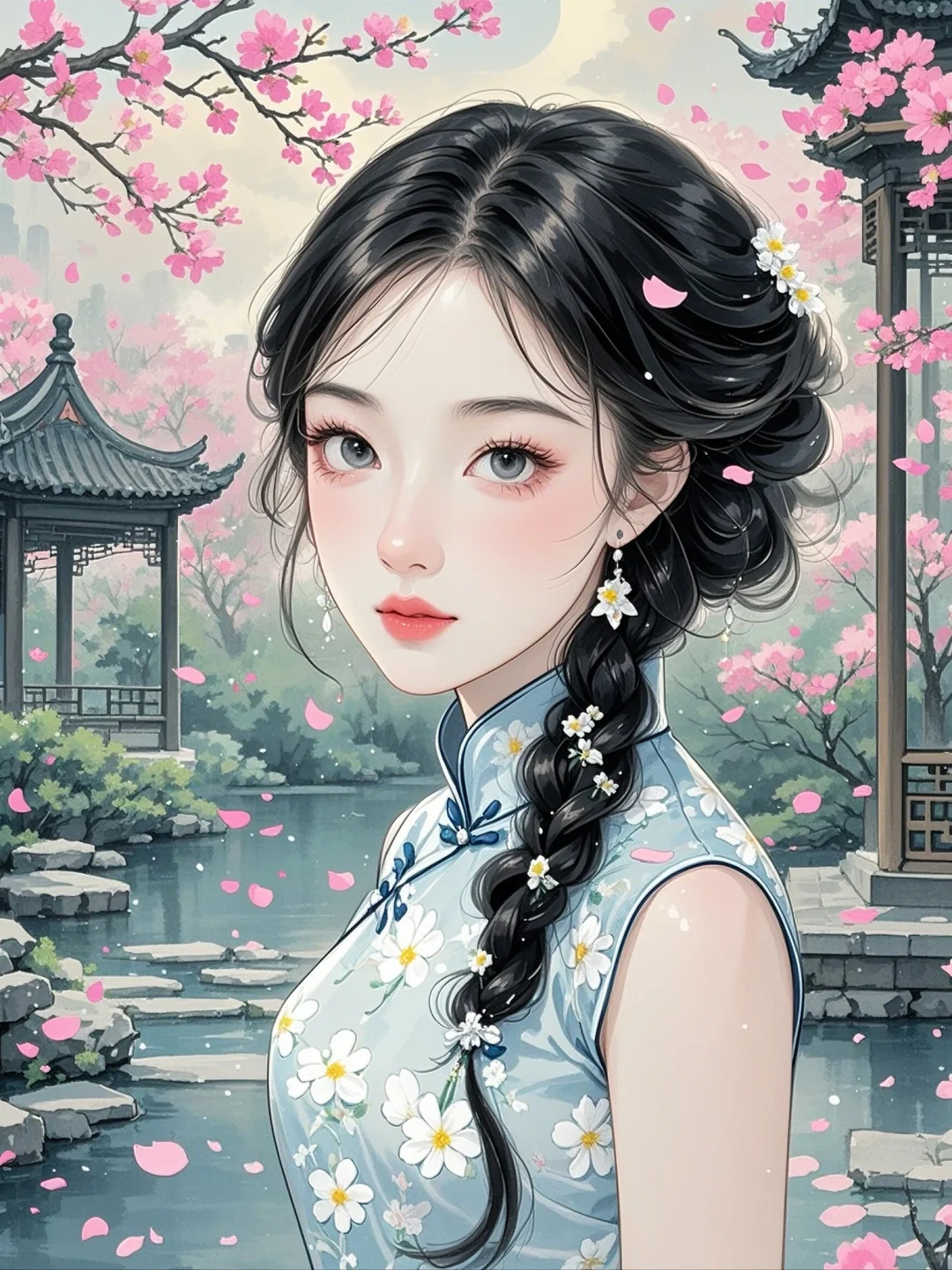 古风古风佳人，旗袍映花颜