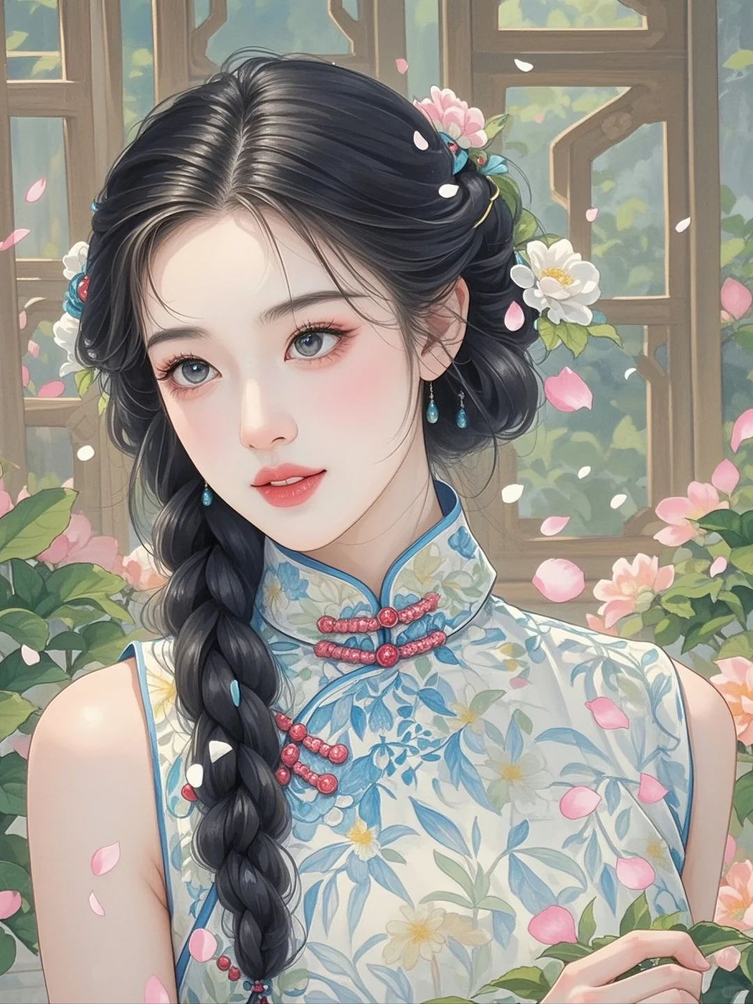 古风古风佳人，旗袍映花颜