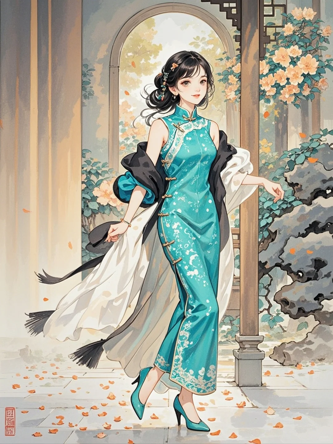 古风古风佳人，旗袍映花颜