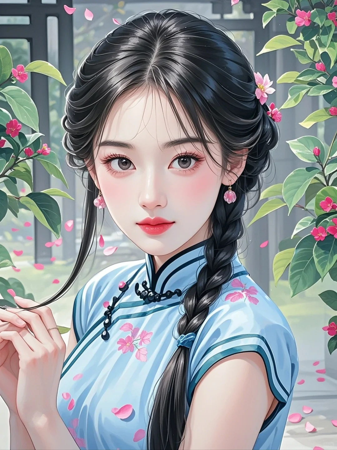 古风古风佳人，旗袍映花颜