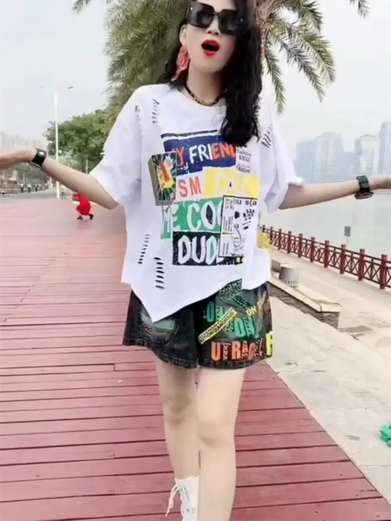 时尚套装女2024夏新款印花不规则短袖t