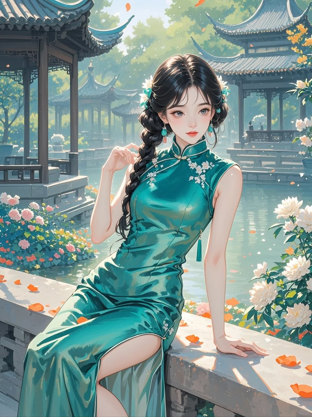 古风古风佳人，旗袍映花颜