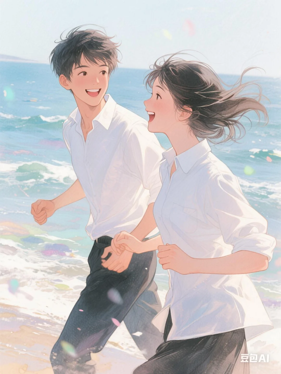 治愈系动漫风情侣画风跑海里！（AI生图）