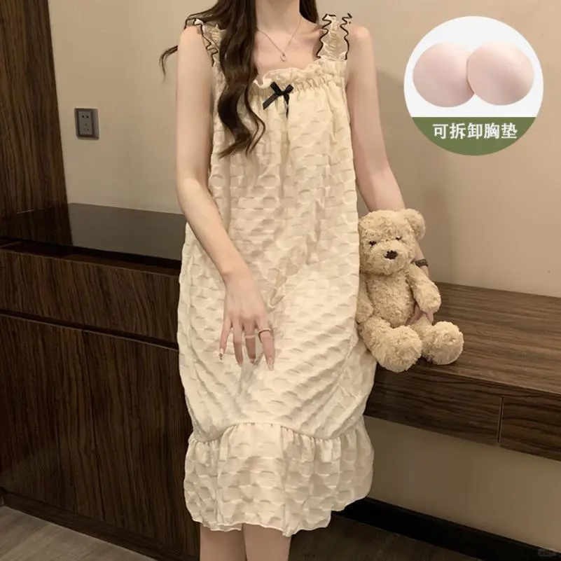 简约风带胸垫吊带睡裙女夏季梭织棉高级感睡