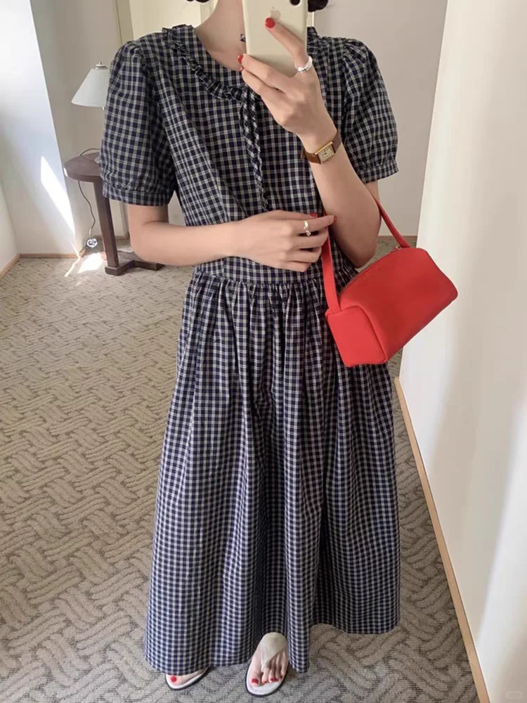 复古甜美木耳边娃娃领格子连衣裙女夏