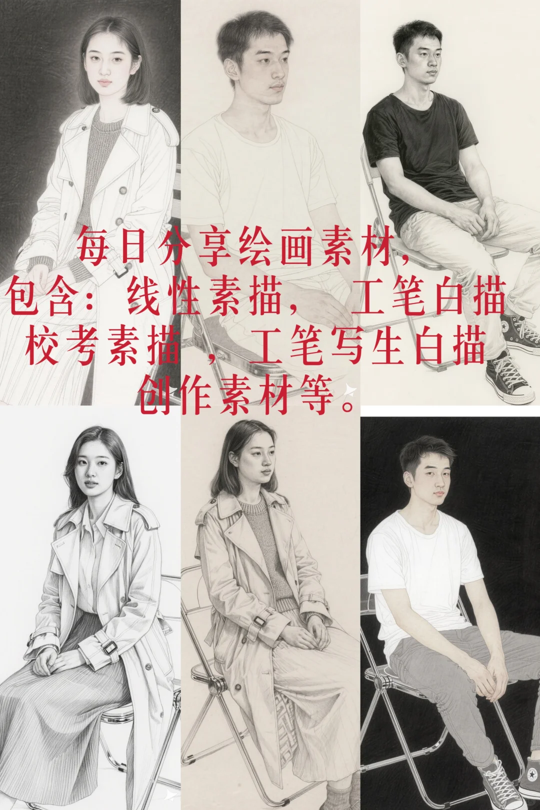 女青年全身像，素描写生 工笔写生