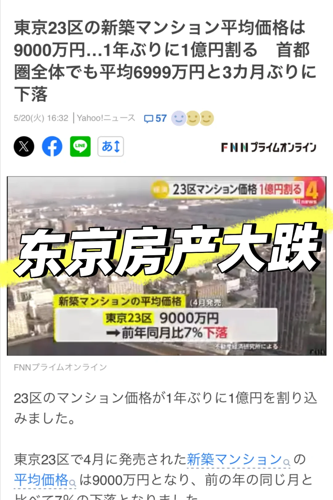 🇯🇵东京最新的房价成交均价大跌，比去年同期跌了7%，和最高时均价1.1亿相比