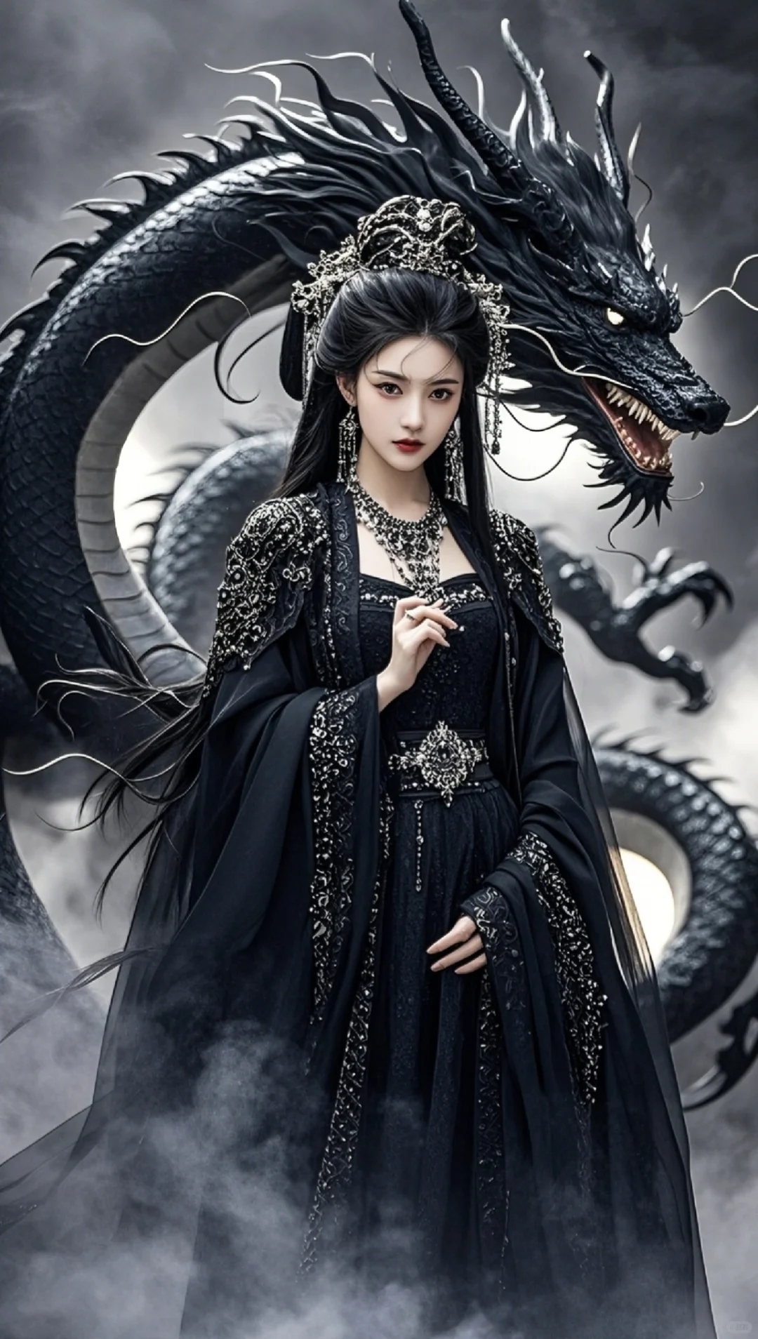 行云神女梦，泼墨范宽图，挂黑龙天外雨