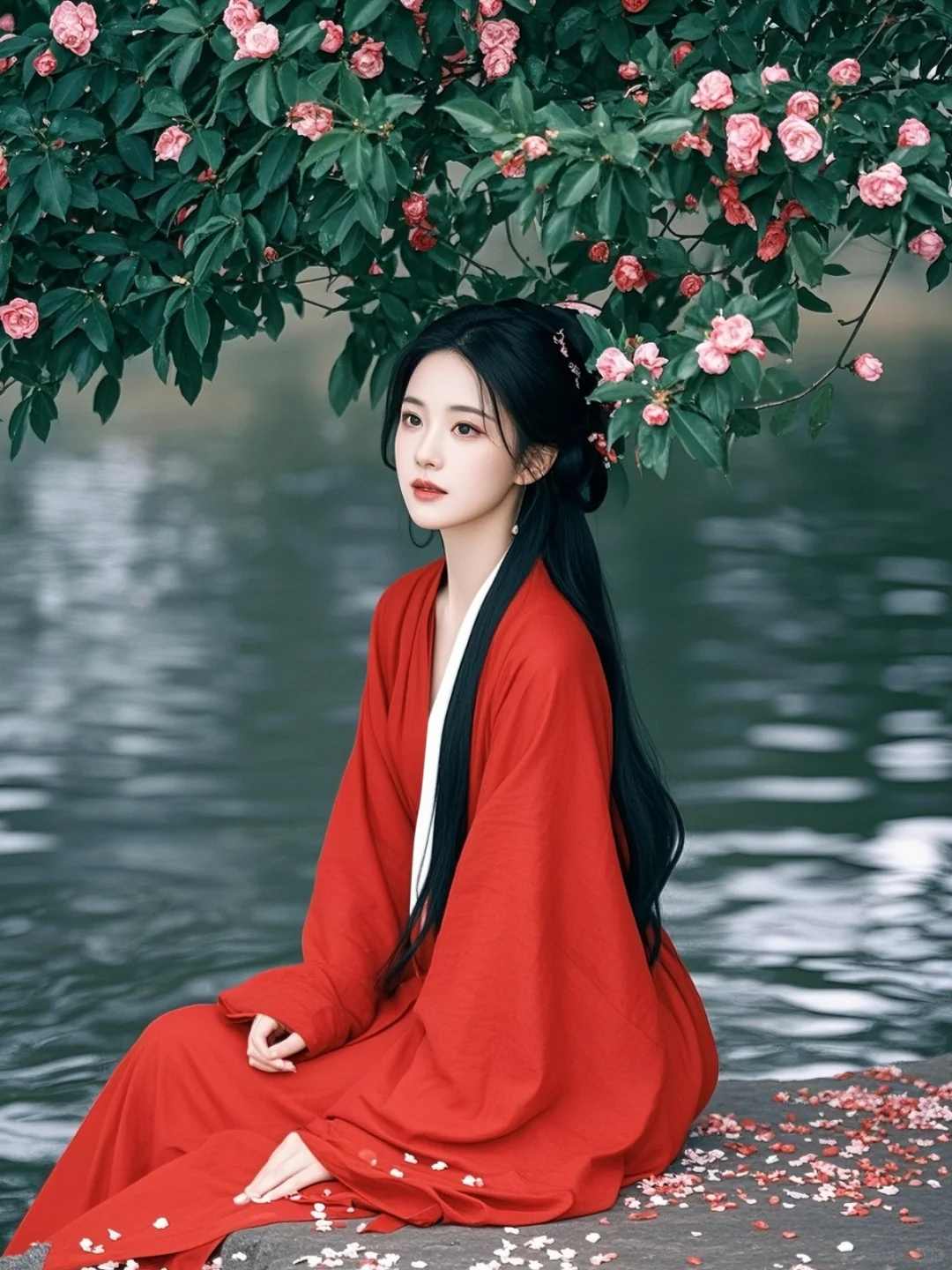 溪边独坐花畔下，水韵波光映红颜。
