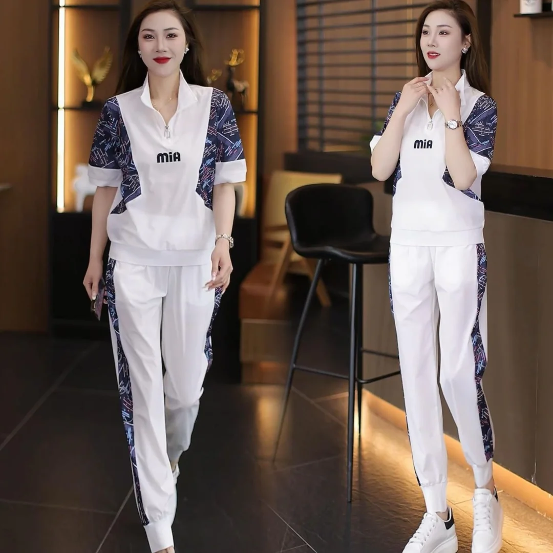 休闲时尚拼色显瘦洋气薄款百搭运动女套装