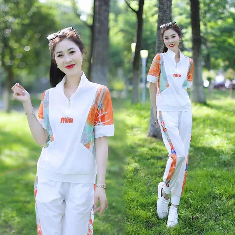 休闲时尚拼色显瘦洋气薄款百搭运动女套装