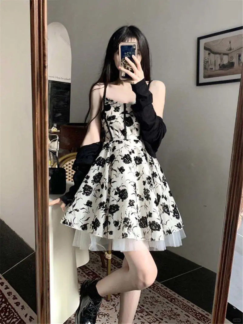 碎花吊带裙女夏季配开衫小个子蓬蓬裙连衣裙