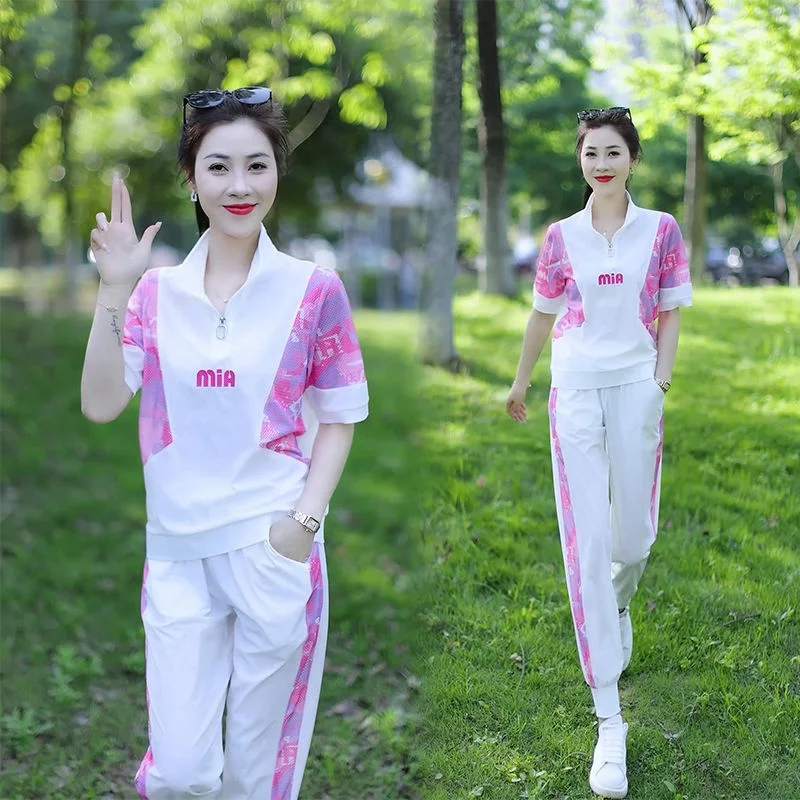 休闲时尚拼色显瘦洋气薄款百搭运动女套装