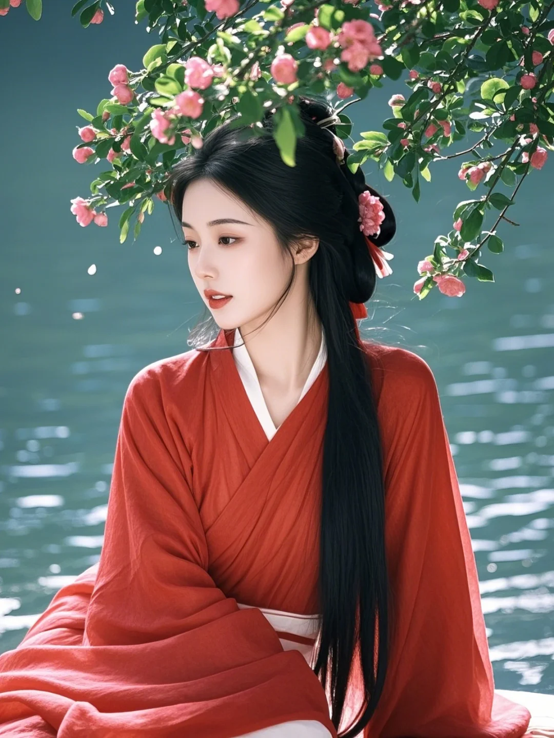 溪边独坐花畔下，水韵波光映红颜。