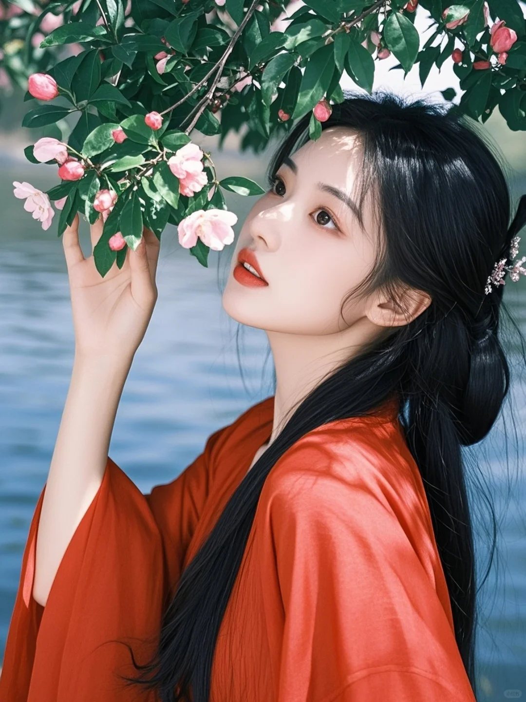 溪边独坐花畔下，水韵波光映红颜。