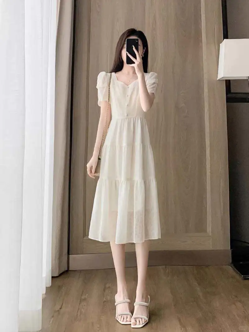 高级感夏季法式白色雪纺连衣裙女2025新