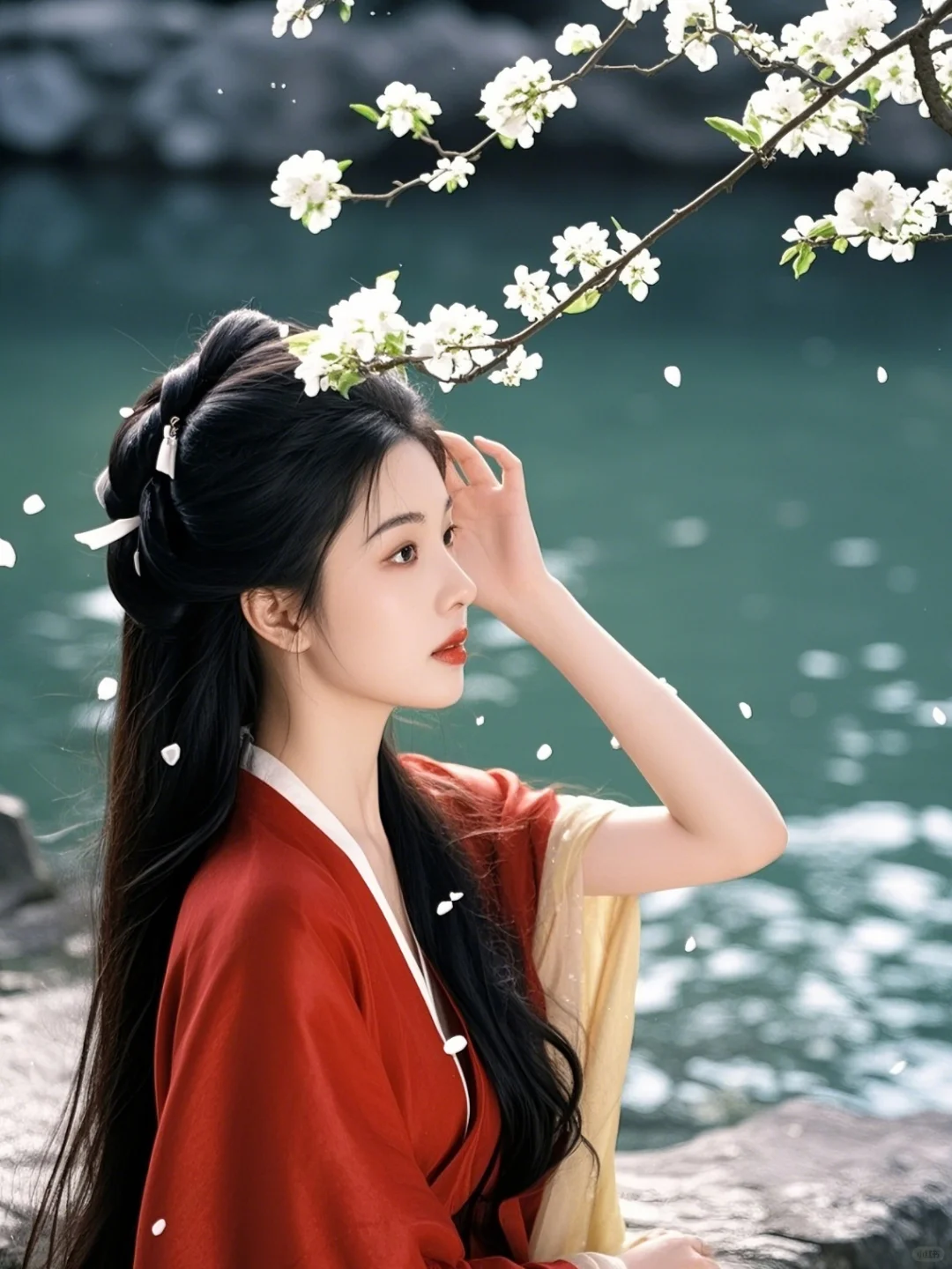 溪边独坐花畔下，水韵波光映红颜。