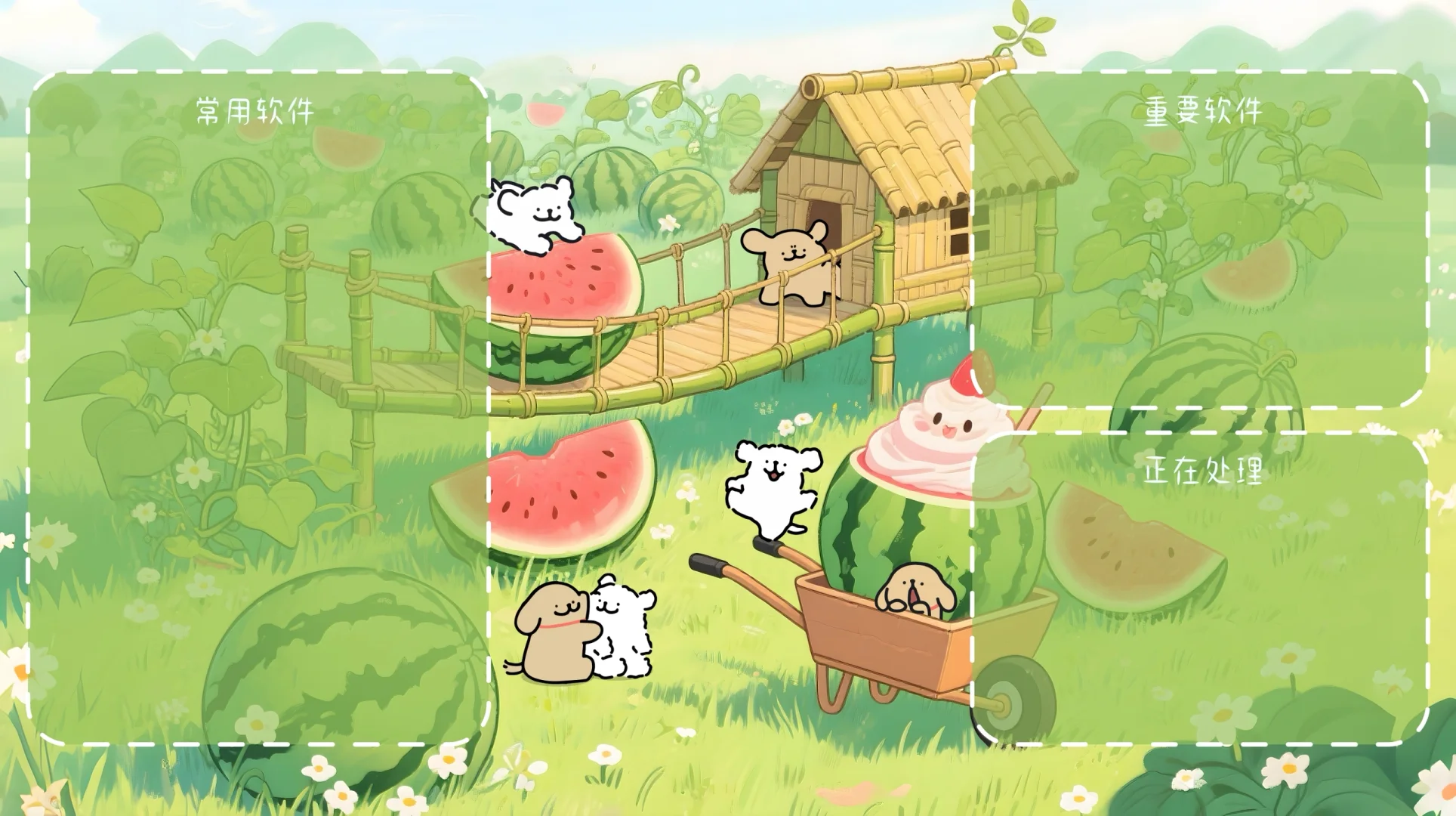 分享线条小狗夏天河流西瓜🍉电脑分区壁纸！