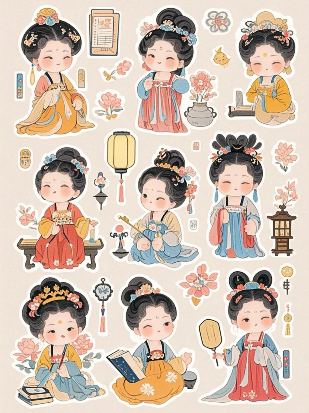 AI生成古风Q版大唐女主插画～(附咒语)