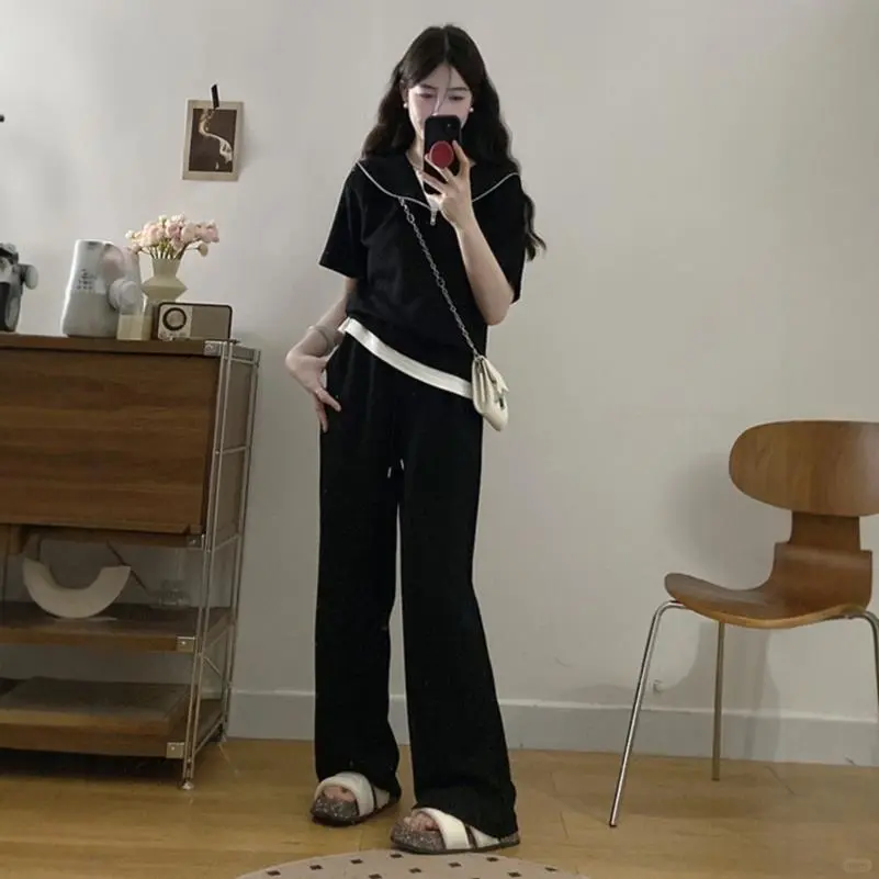 大码休闲运动套装女夏季微胖mm时尚假两件
