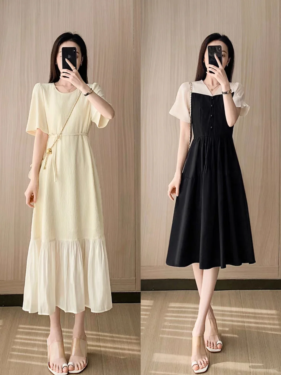 春夏季女生黑色连衣裙线显瘦又显身材穿搭