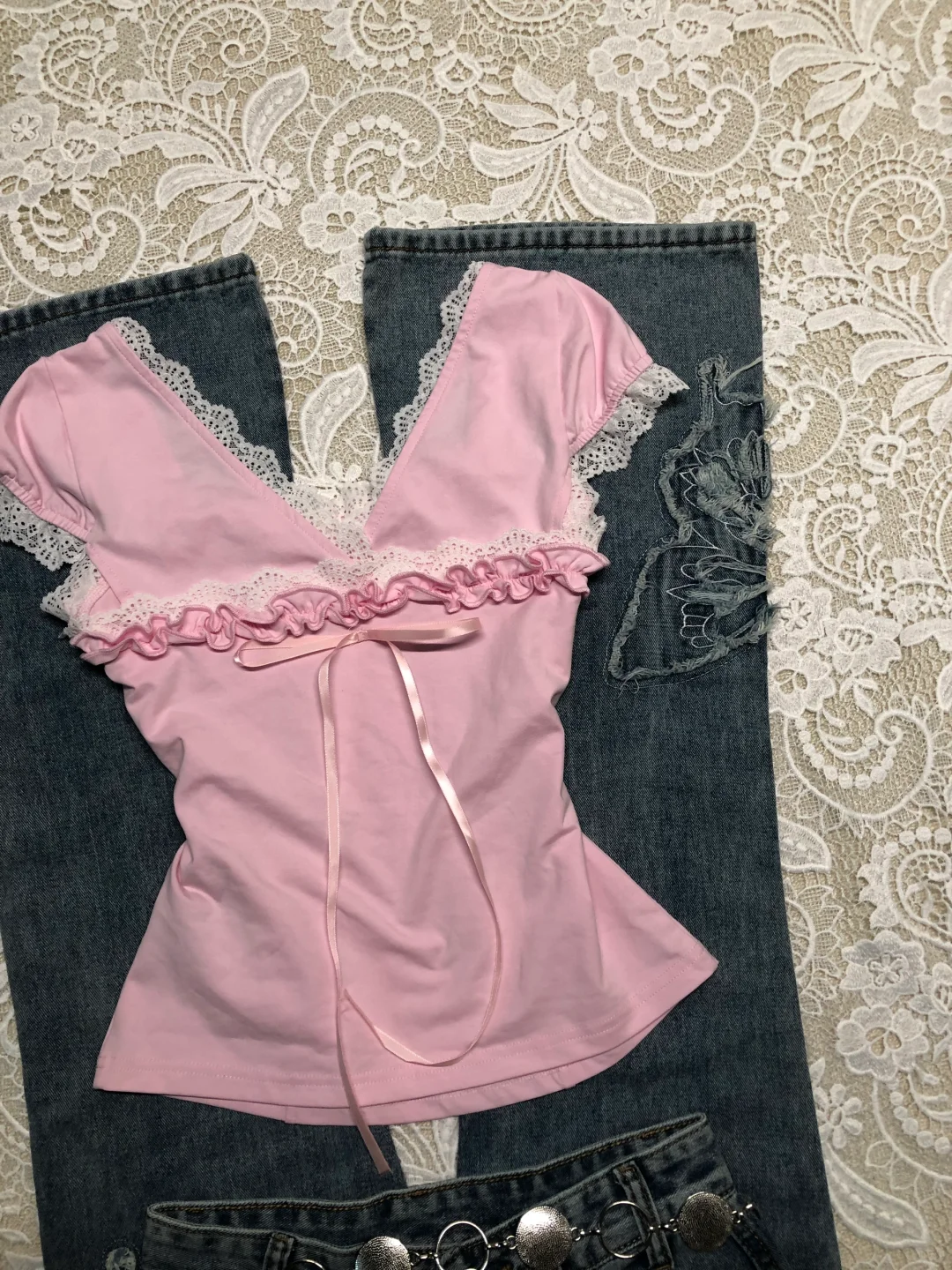 粉色蕾丝花边V领T恤🖤vintage古着~