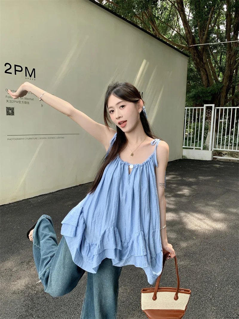 小清新蓝色荷叶边宽松吊带背心女夏季海边穿