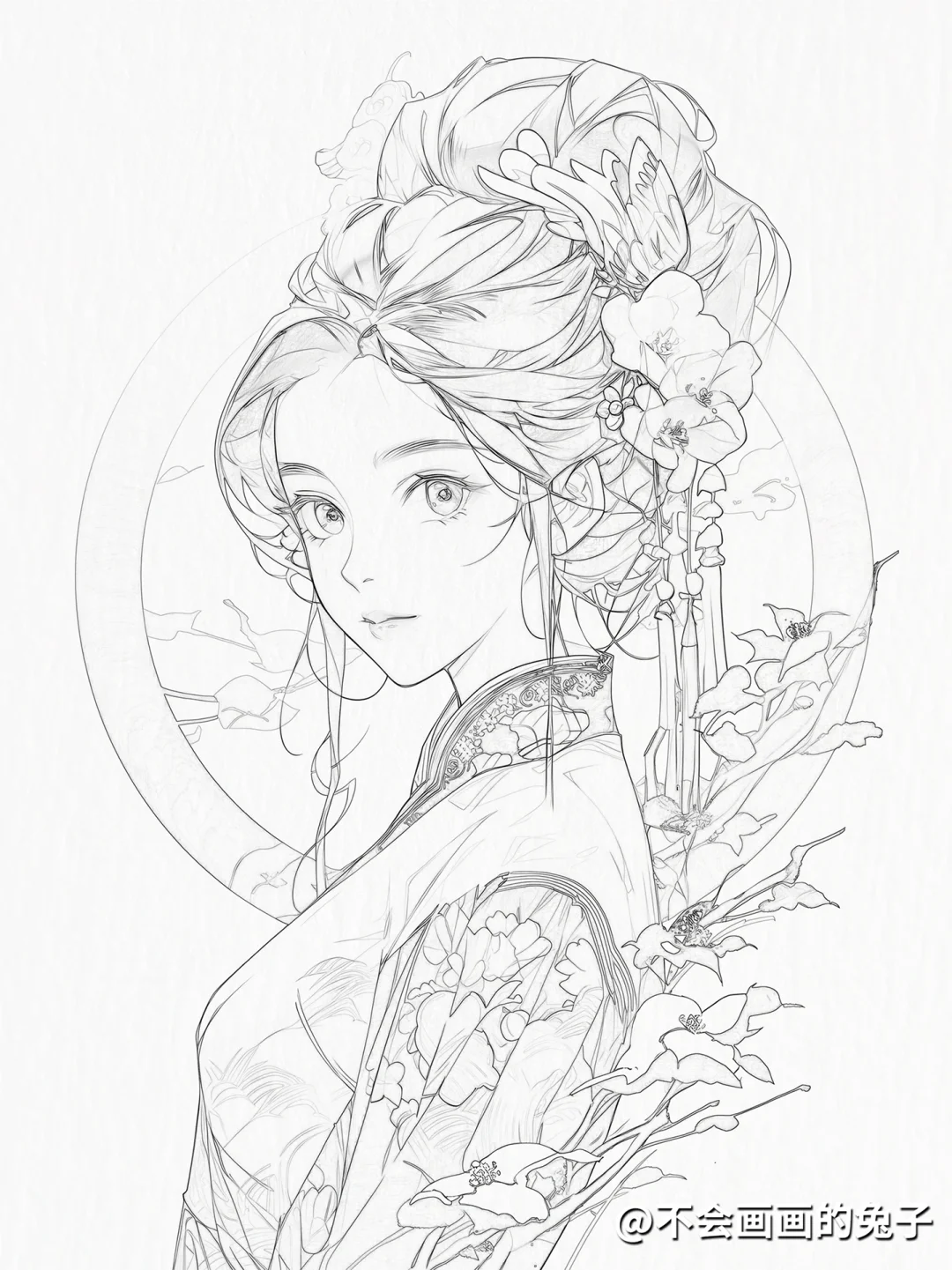 线稿分享｜古风青花瓷👉右划一键上色🎨
