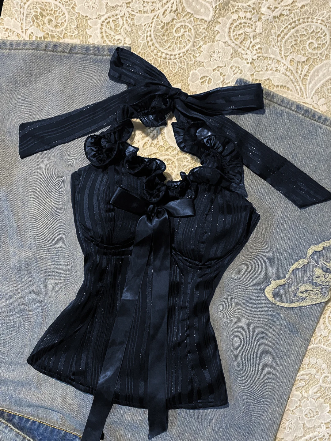 宝蓝色蝴蝶结绑带挂脖上衣🖤vintage古着~