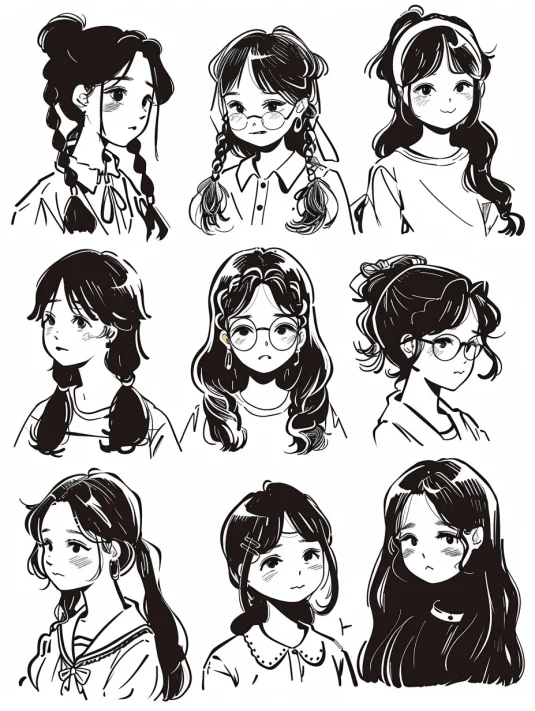 Midjourney 简笔画黑白线条风女孩