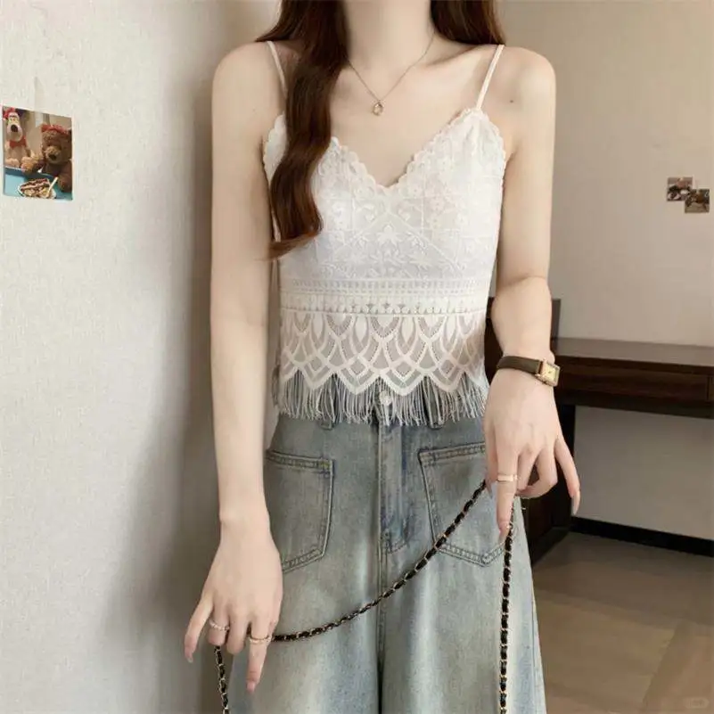 蕾丝流苏美背吊带上衣女2025夏季大码叠