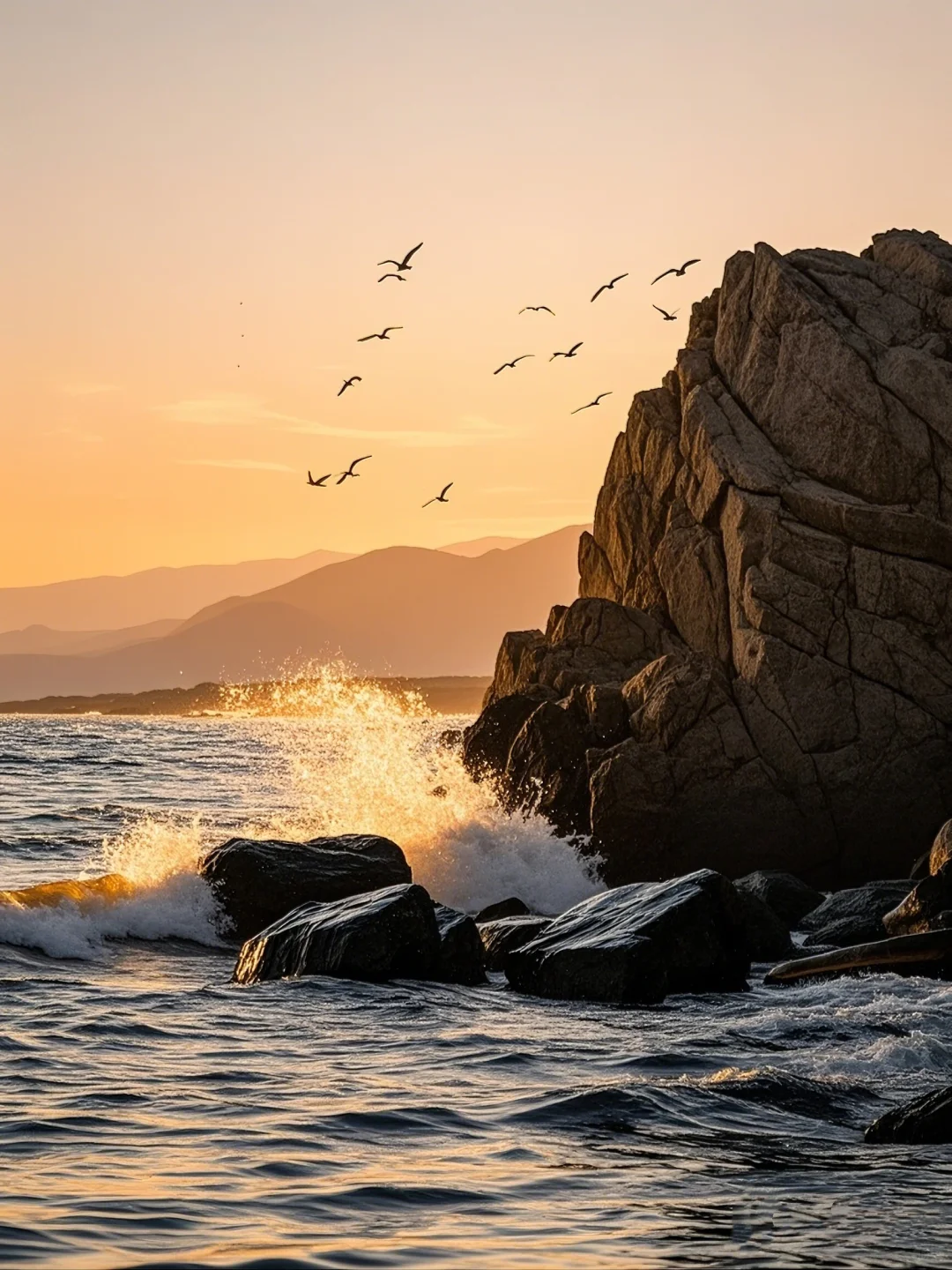 超清壁纸｜夕阳 海浪拍打礁石