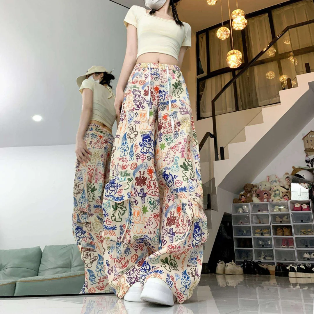 彩色涂鸦工装裤春秋新款直筒休闲裤女多巴胺