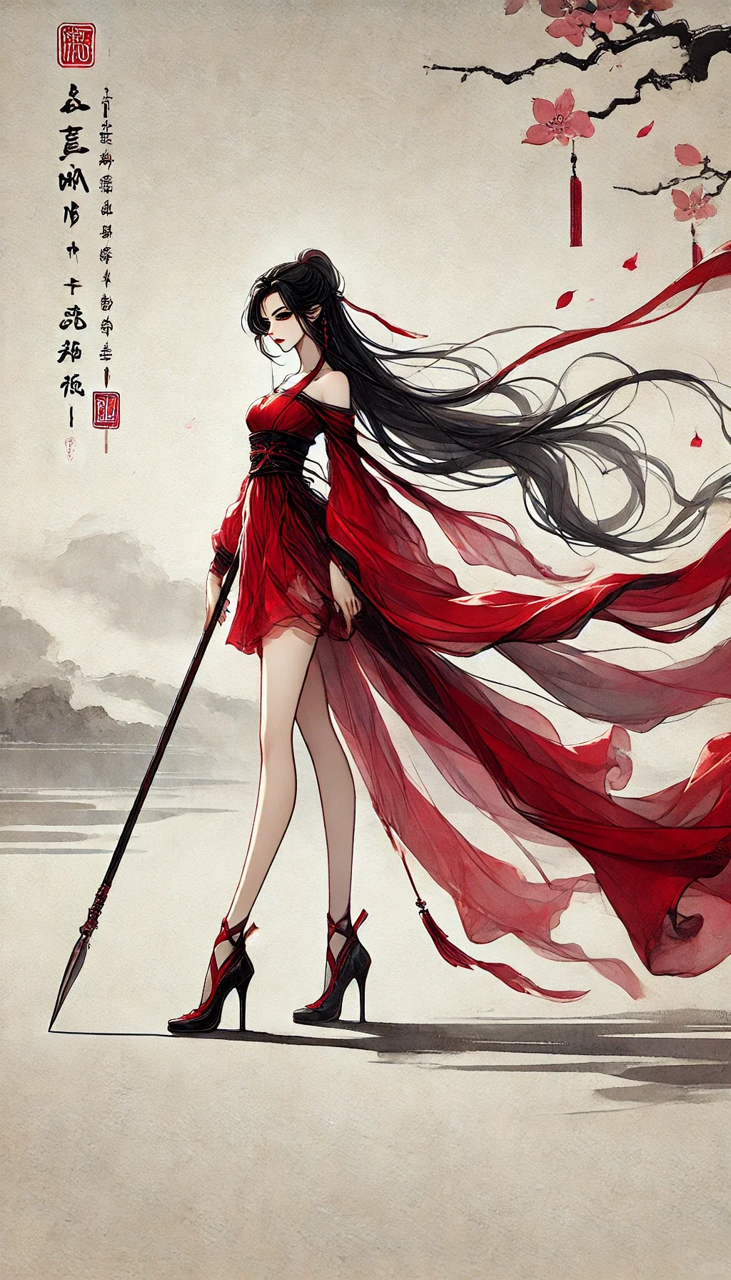 红纱凌风，赤衣长发